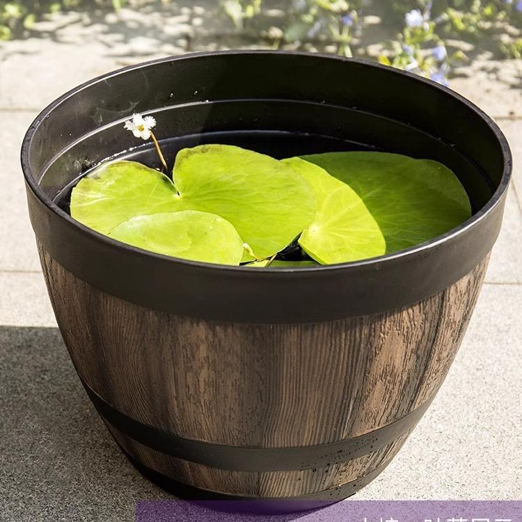 Durable Plastic Round Elegant Whiskey Barrel-Inspired Planter - Indoor & Outdoor Flower Pot for Gardens and Balconies