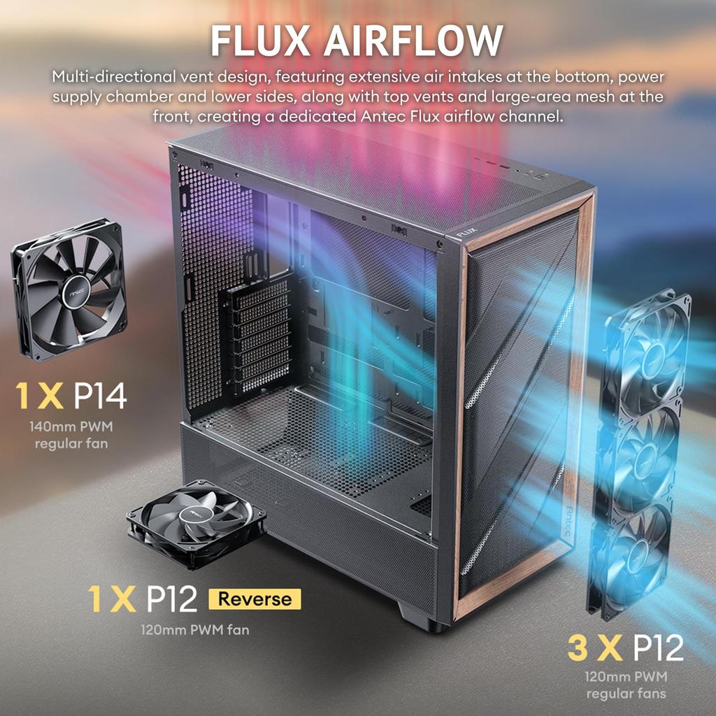 ANTEC FLUX Serie FLUX SE Leises PC-Gehäuse mit schallabsorbierenden Materialien und Echtholz-Mid-Tower