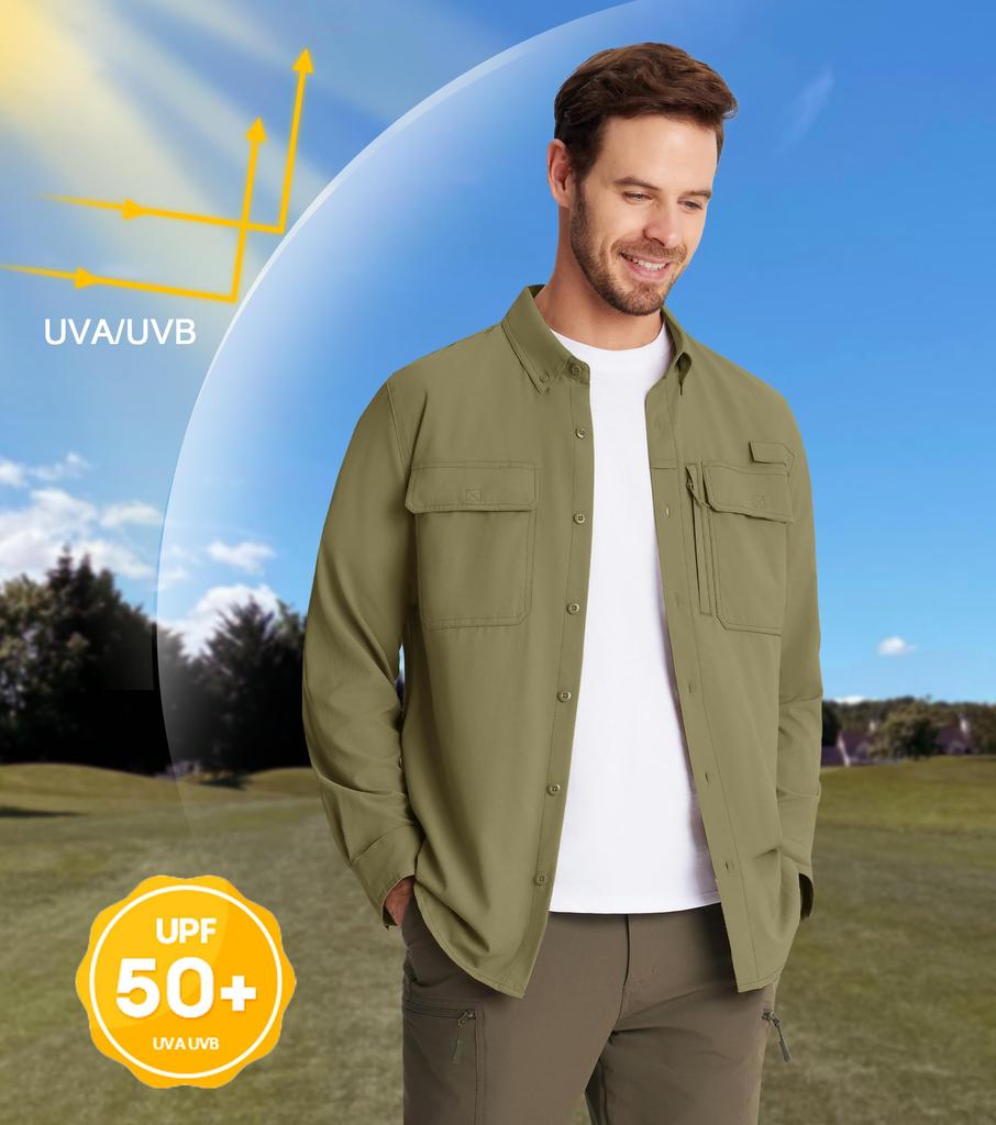 KEFITEVD Long Sleeve Rash Guard for Outdoor Sun Size M Men's Activities, Fishing, Work, Golf, Hiking, Water-Repellent, Protection, Khaki,