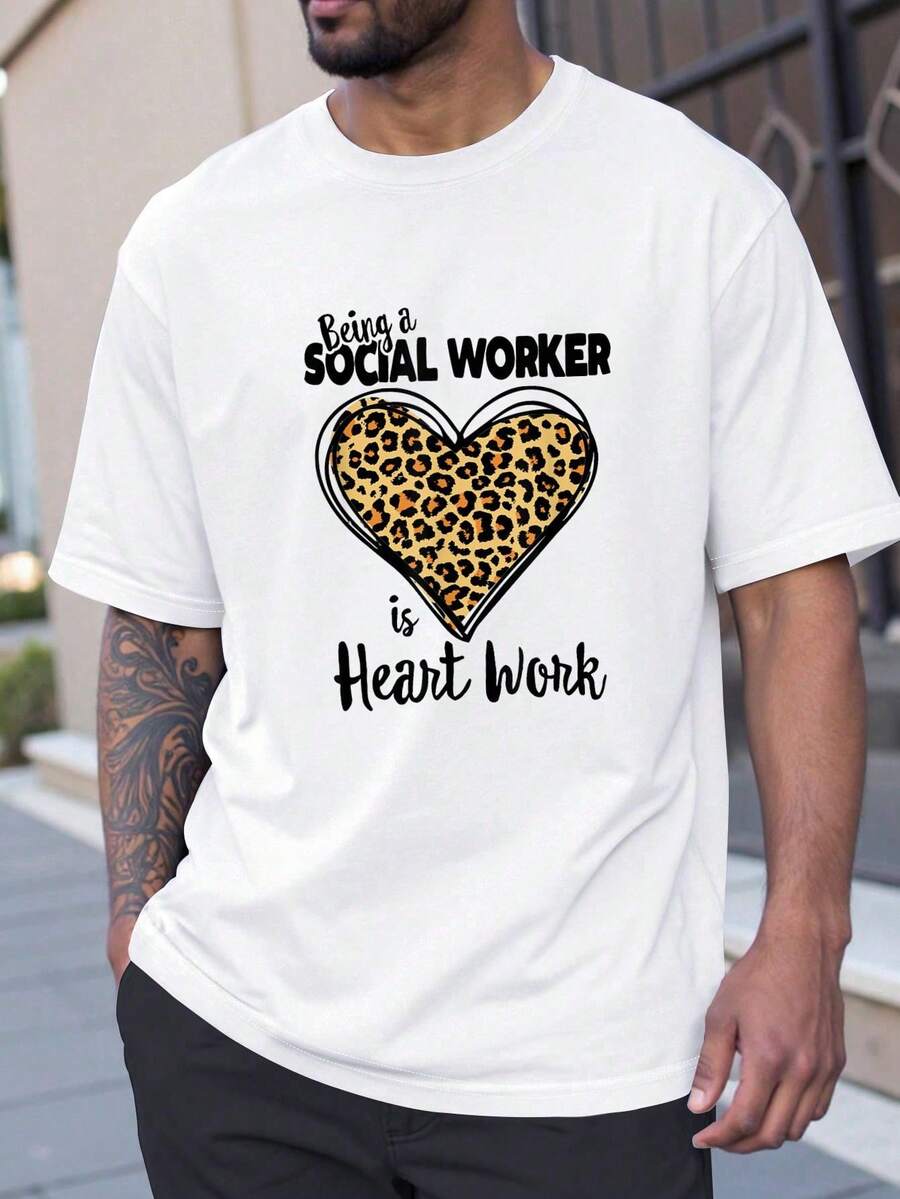 Unisex S Casual Round Neck Short Sleeve Heart Leopard Social Worker T-Shirt XXL