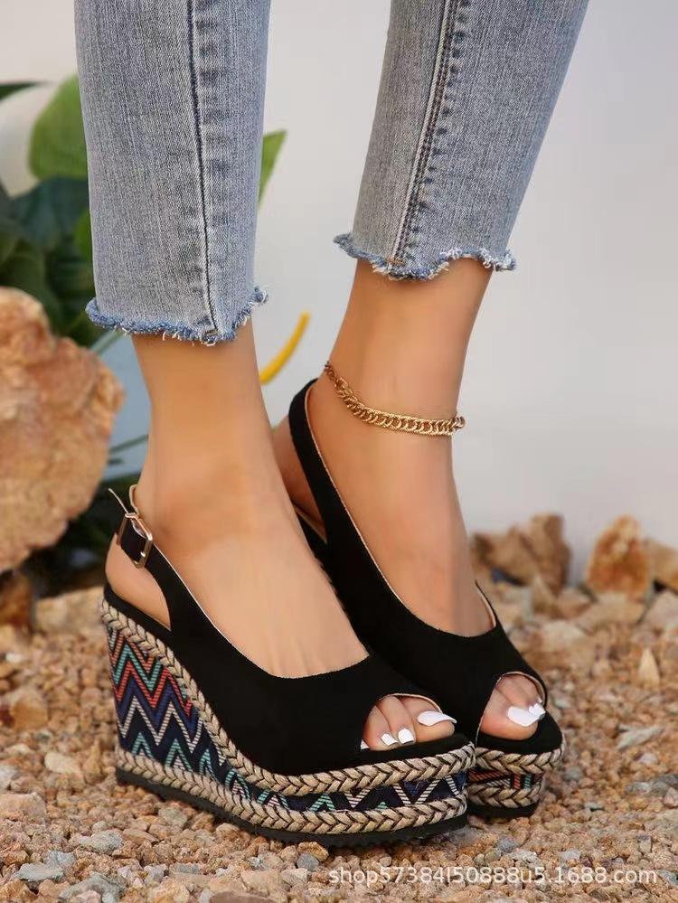 Foreign Trade Large Size Women's Shoes 2025 New One-word with Wedge Heel Platform Sandals Fashionable New Wedge Heel Sandals High Heel Women