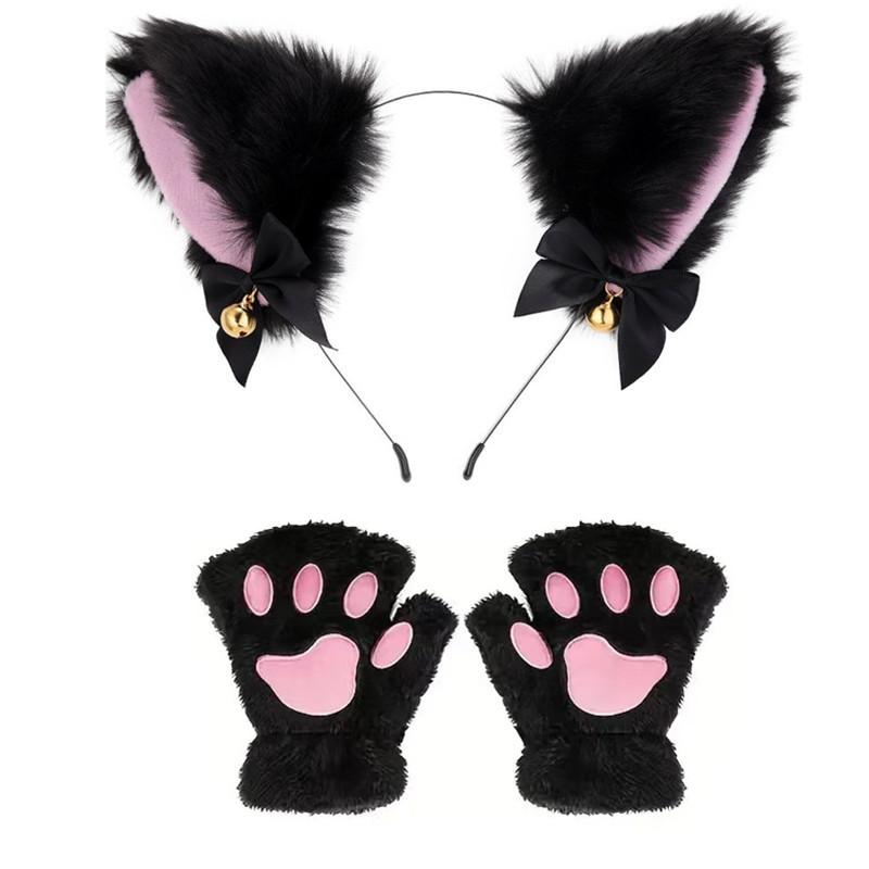 Cartoon Cute Cat Claw Paw Gloves Hairband Tail Set Sexy Masquerade Cosplay Cat Ear Party Costume Bow Bell Headwear Accessories