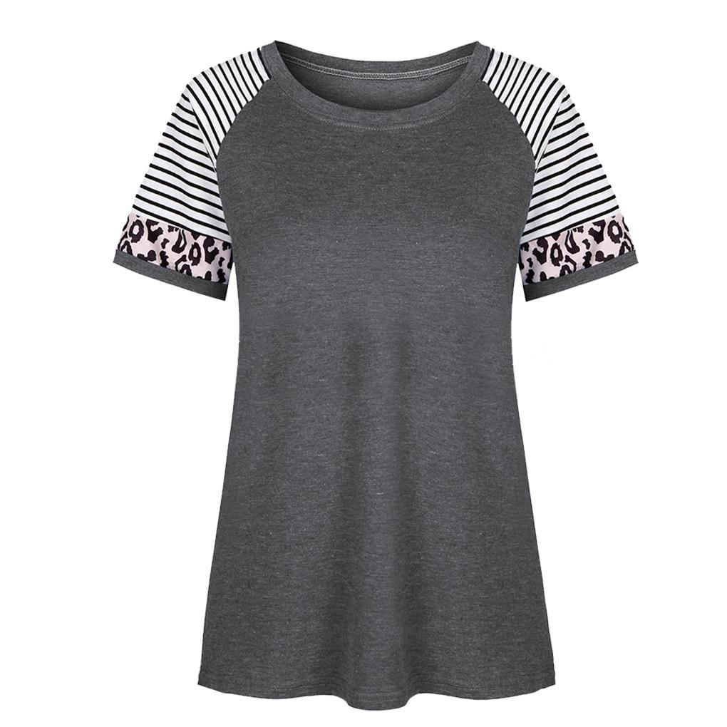 Chemise à col rond et manches courtes imprimé rayures léopard pour femme