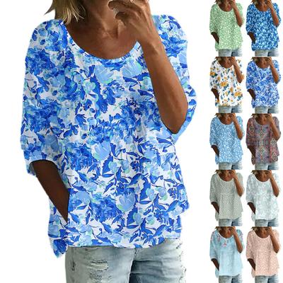 Women's Casual Fashion Three-quarter Sleeve Loose Round Neck Floral Print Top