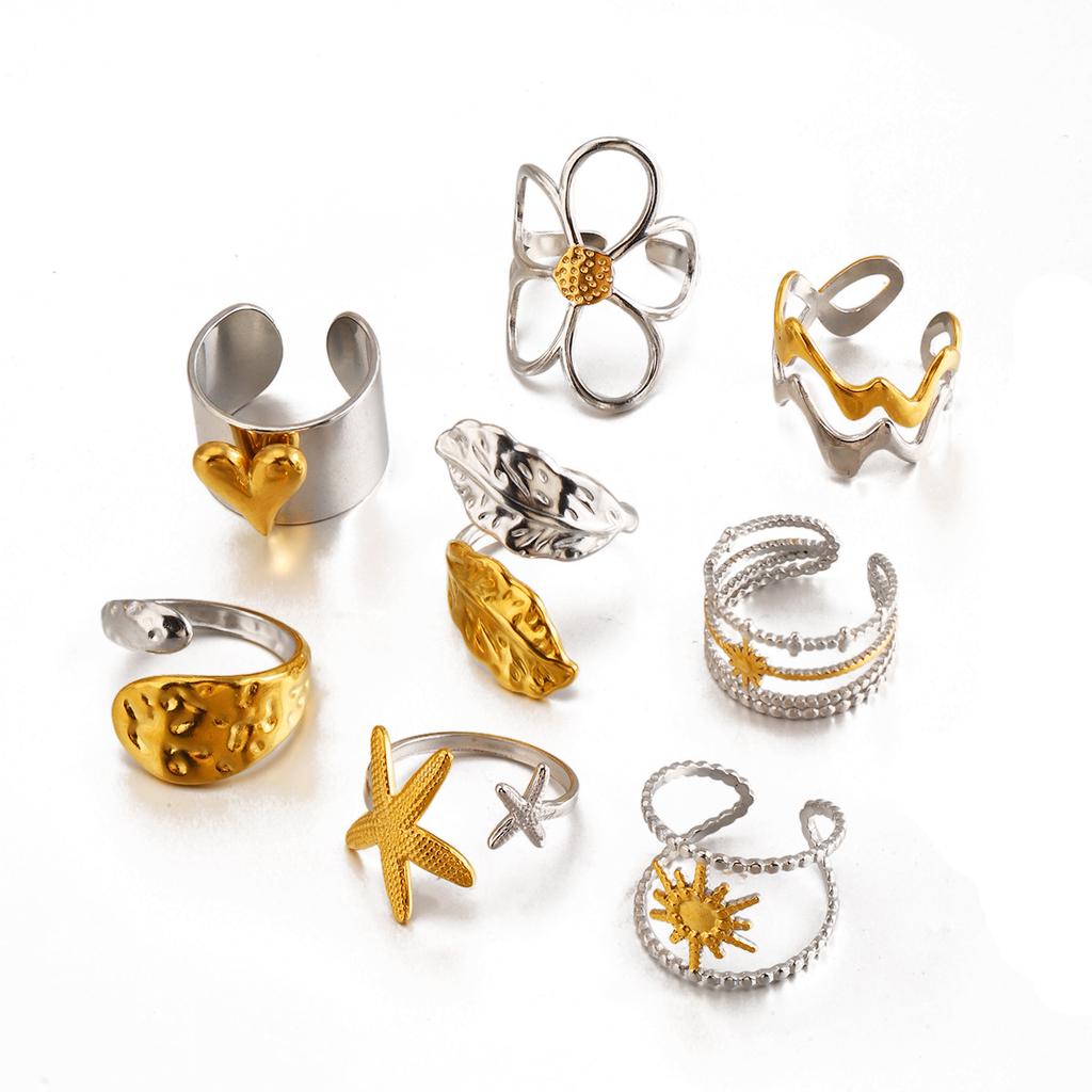 Vintage Gold Silver Color Flower Leaf Rings for Women Stainless Steel Irregular Chain Heart-Shaped Starfish Rings Jewelry Gifts