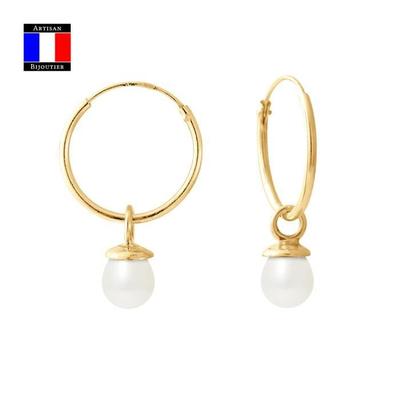 Compagnie Générale Des Perles - Genuine Cultured Pearl Earrings 6-7 Mm 18 Cts Yellow Gold Creole System - Women's Jewelry