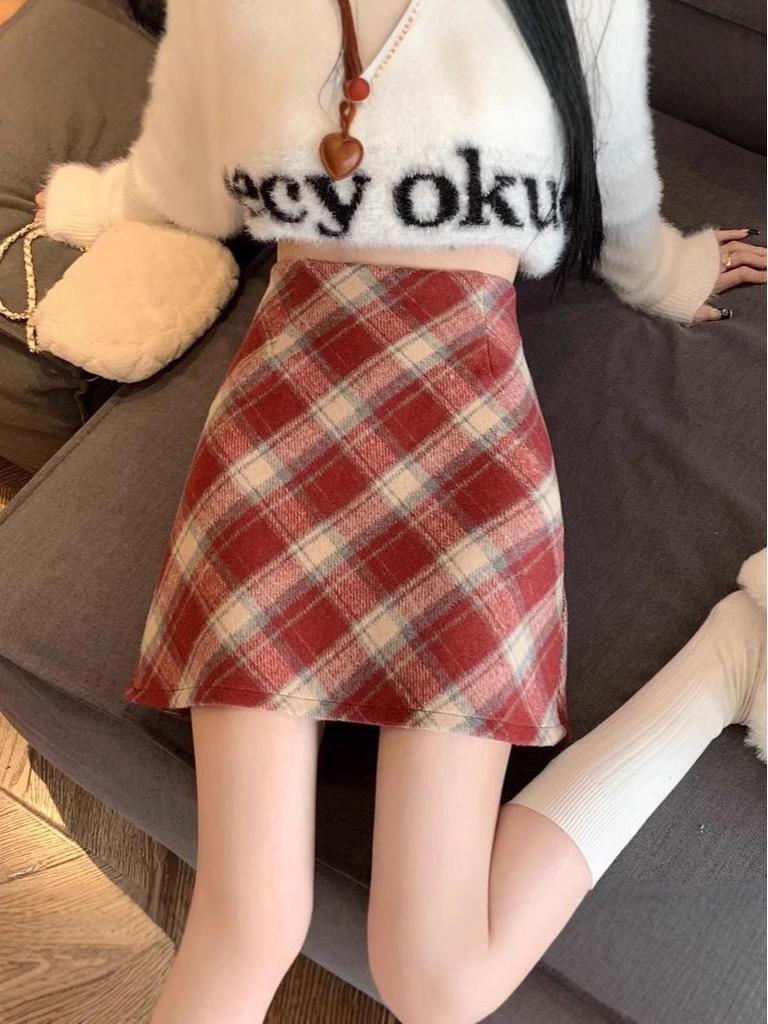 Women's Retro Red Plaid Wool Skirt - High-Waisted A-Line for Autumn/Winter 2024, Anti-Exposure