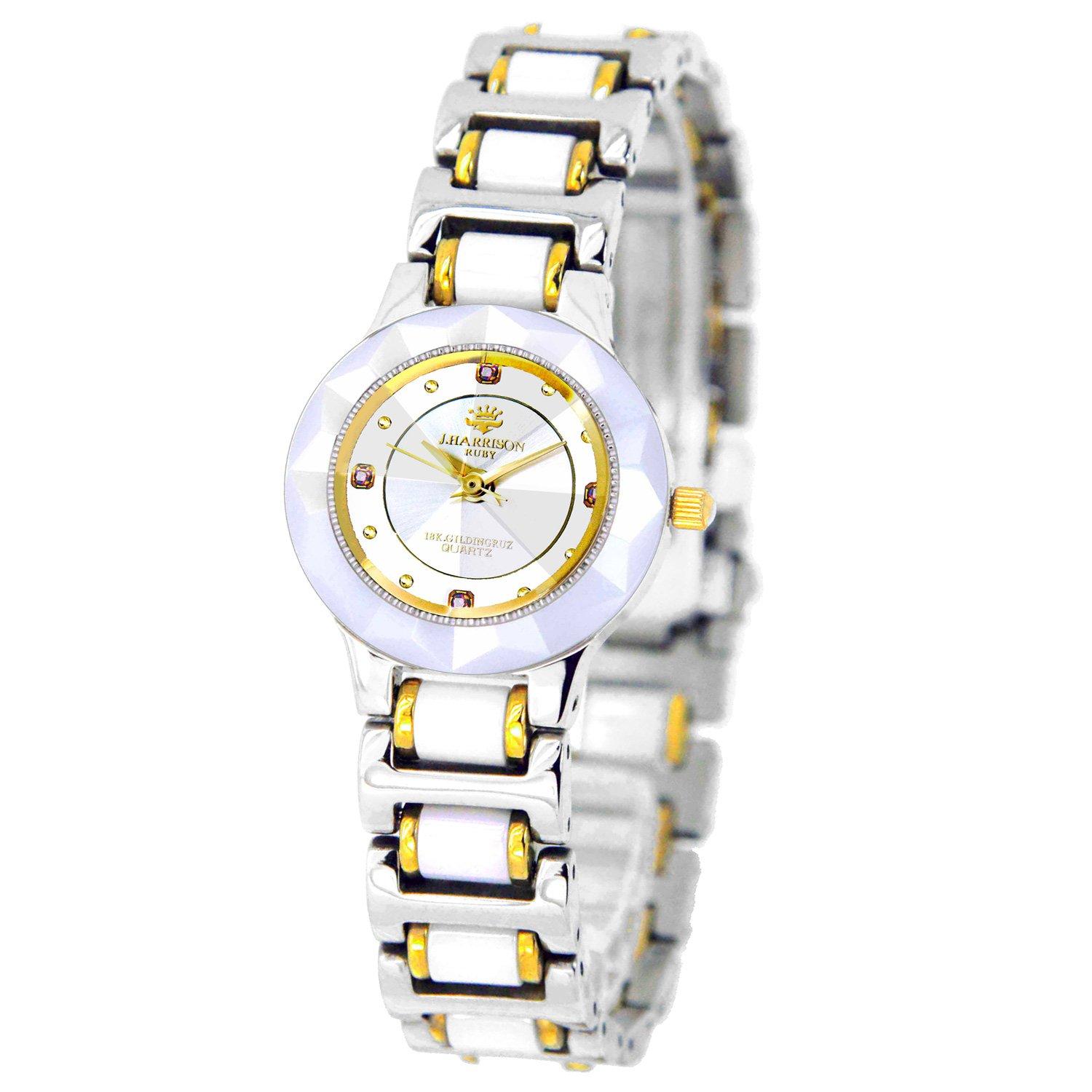 

[John Harrison] J.harrison Ceramic 4 Stones Natural Diamond 18K Gold Plated Crown Women s Watch CCL-001WH Ladies [Regular Imported Product]