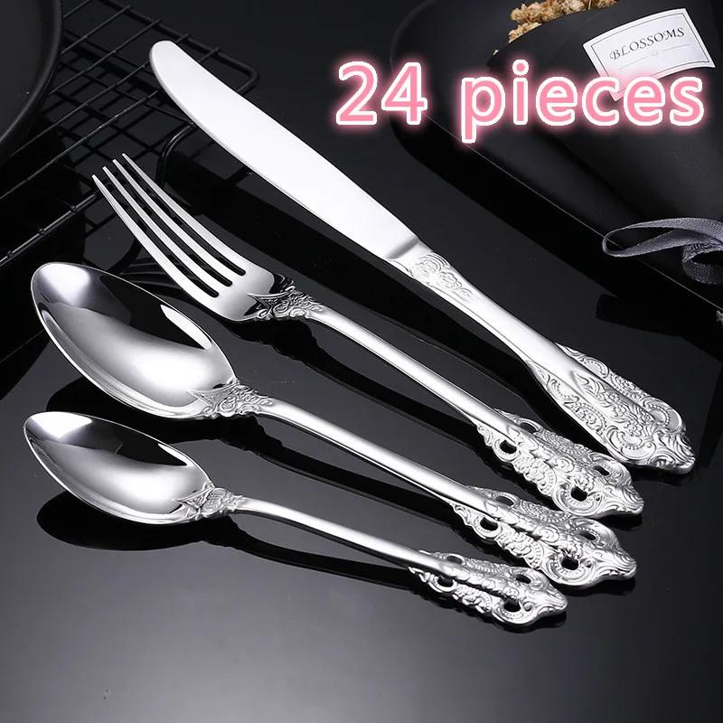 6 Sets of 24 Pieces of 304 Stainless Steel Cutlery Retro Palace Style Western Steak Cutlery Gold-plated High-end Tableware