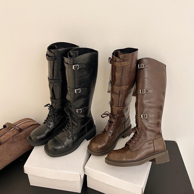 New Style Women'S Autumn Platform Lace Up Knight Boot Round Toe Pull-On Chunky Heel Belt Buckle Knee High Boots Motercycle Boots