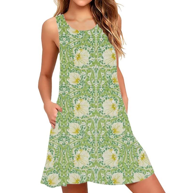 Women's Sleeveless Floral Dress Elegant All-Season Pencil Dress Pink Roses Green Foliage Pattern Dresses Woman Summer