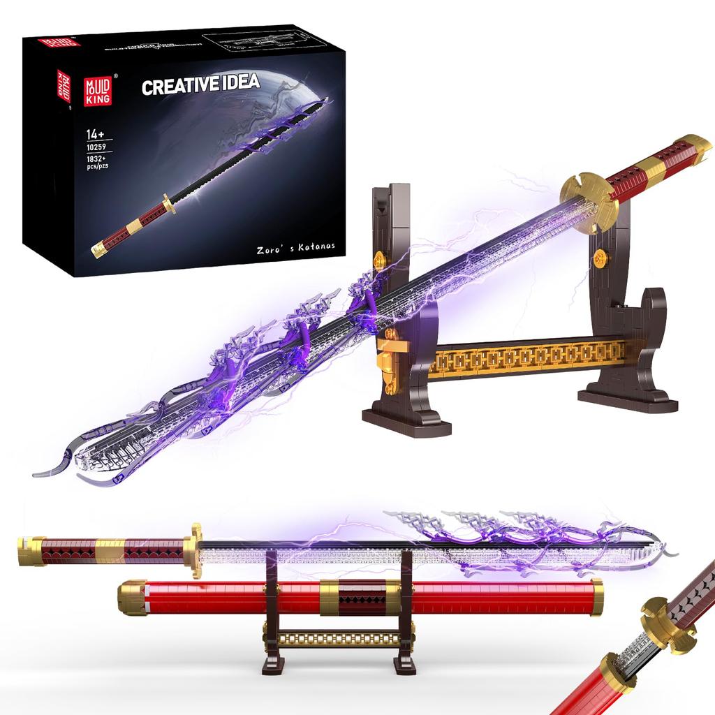 Mould King 10259 ZORO Sword Building Blocks MOC Anime Cosplay with Scabbard and Toy Set 1832 Set, Light-Up Sword, Stand, Youth/Adult/Collector (Over