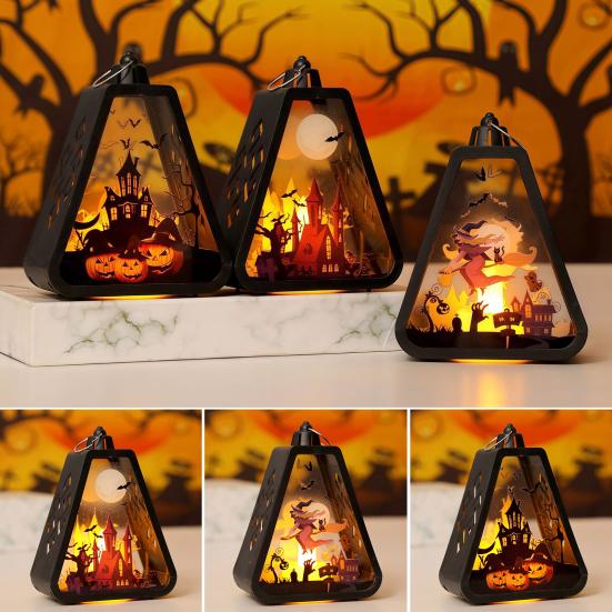 Halloween Handheld LED Lantern Portable Night Light with Pumpkin Castle Witch Pattern Battery Operated Halloween Lamp for Indoor Outdoor Party Decor