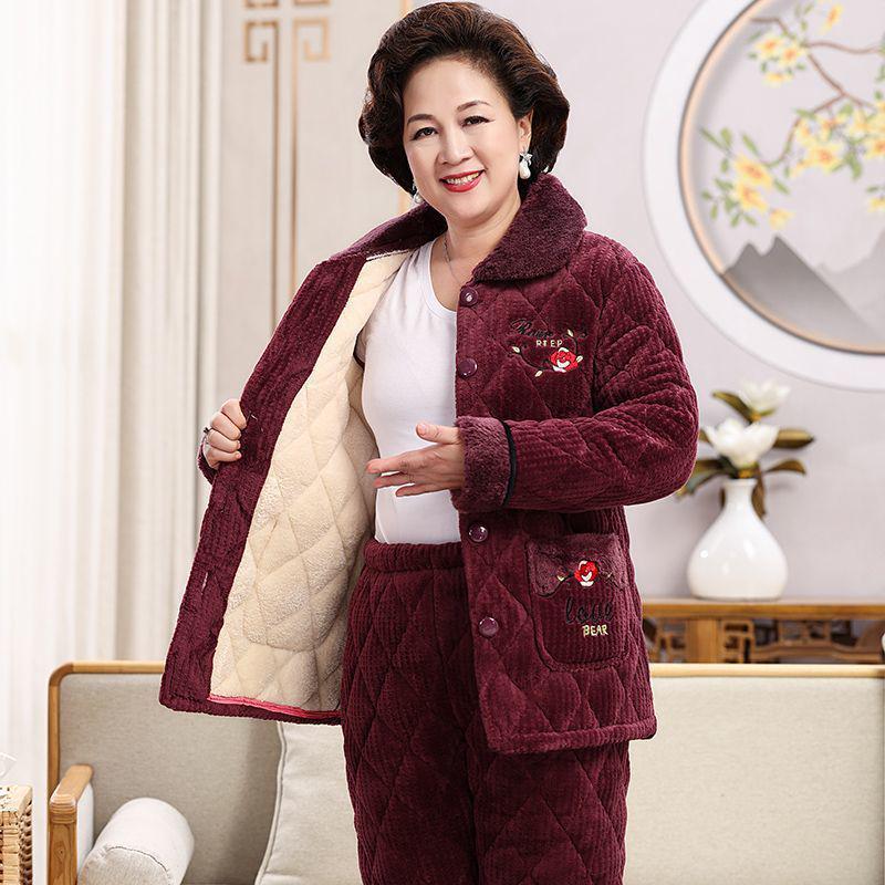 Women's Super Thick Three-Layer Velvet Pajamas - Winter Coral Fleece Quilted Homewear for Adults