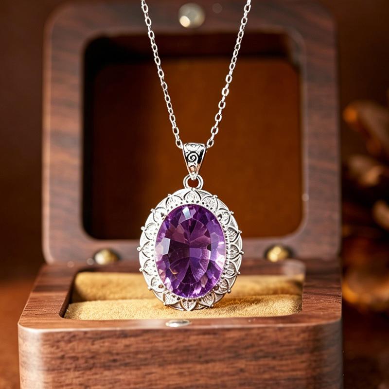 Large Carat Natural Citrine Amethyst Pendant Necklace for Women, S925 Silver with Colored Gemstones