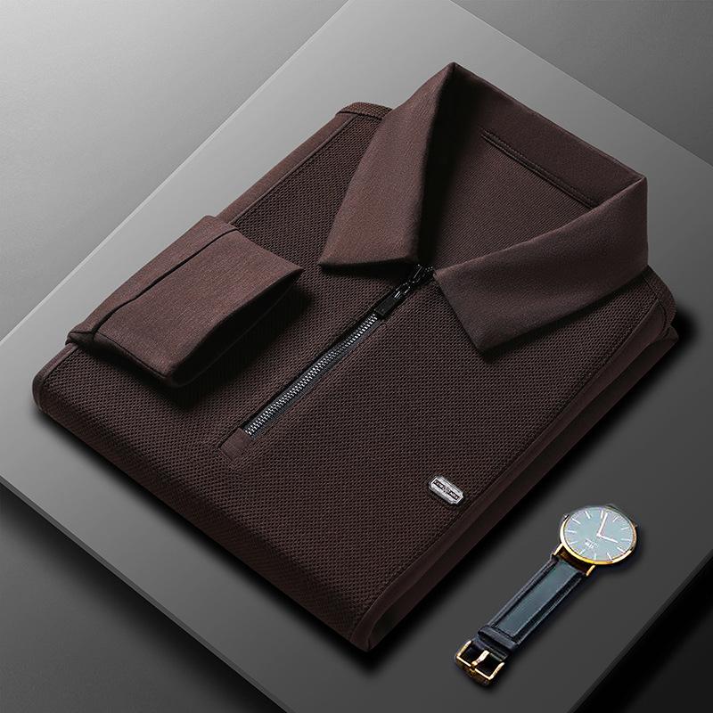 

Мужская рубашка поло с лацканом на молнии, футболка с длинным рукавом, осенне-зимняя, деловая повседневная, вязаный толстый свитер с отделкой 4XL темно-коричневого