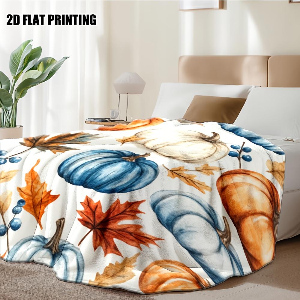 1pc Cozy Autumn Thanksgiving Pumpkin & Fall Leaves Printed Flannel Throw Blanket - Soft Warm All-Season Bedspread with White Bac