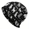 A Men'S Street Style Knitted Hat Featuring a Cat Theme - Adorable Gray And White Cats with Heart Patterns, Made from Durable Knitted Fabric, Comfortab