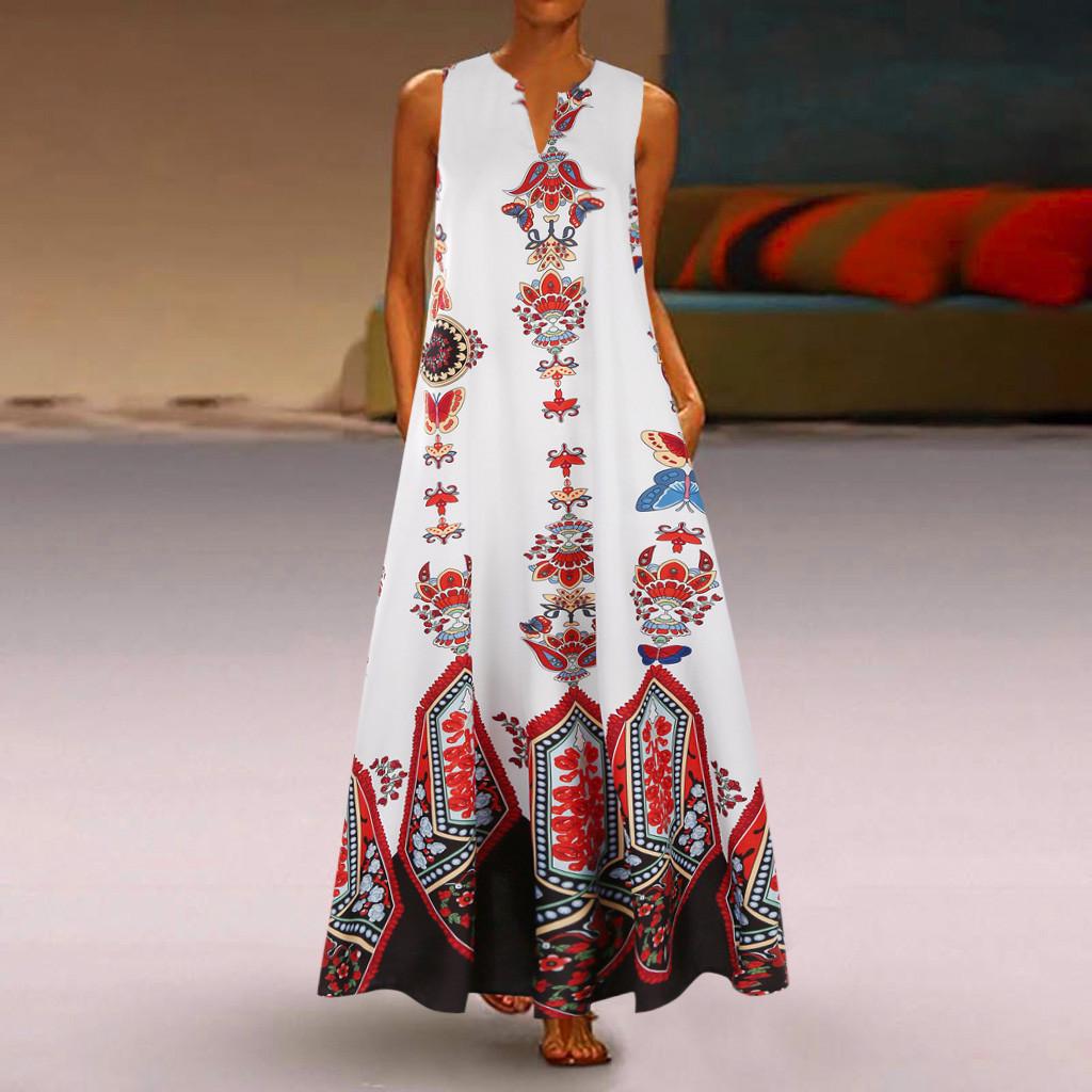 Women Plus Size Print Daily Casual Sleeveless Vintage Bohemian V Neck Maxi Dress