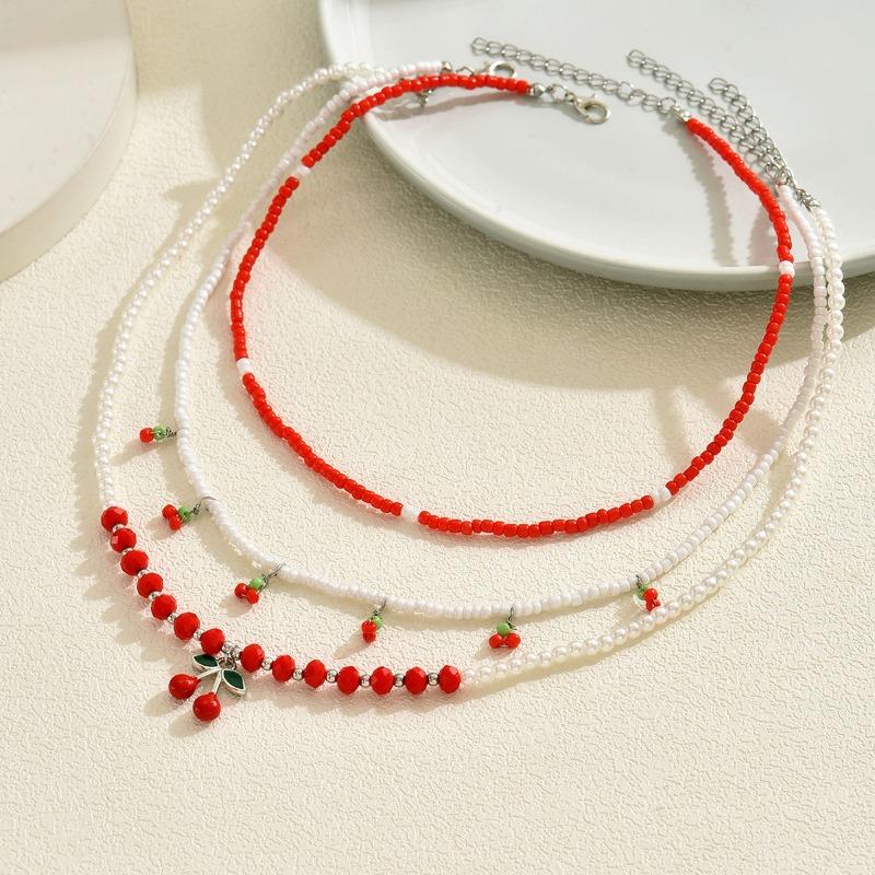 Cherry Set Necklace Multi-layer Stacking Design Summer Small Fresh Rice Bead Chain Accessories Necklace Women