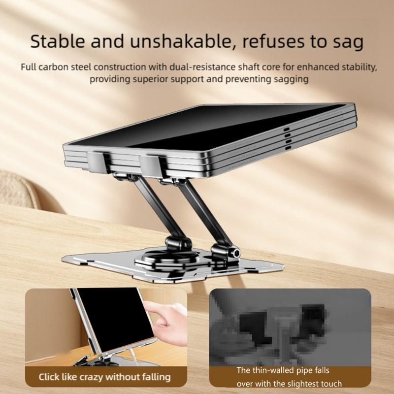 Foldable Carbon Steel Tablets Stand Adjustment Height 360Degree Rotating Base Ventilated Slip proof Optimaled Viewing