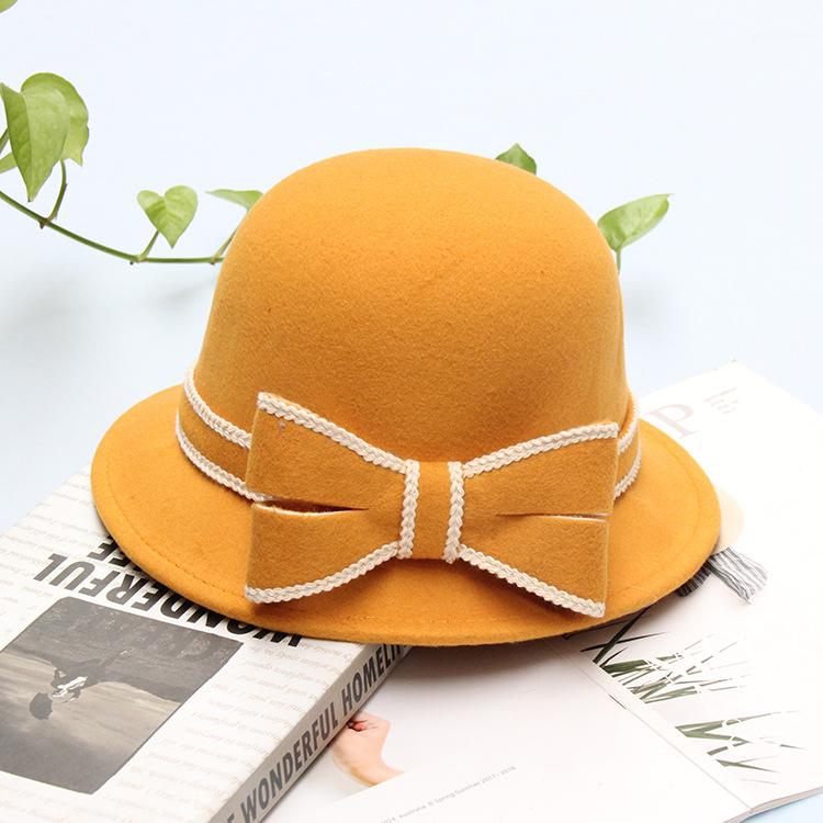 Retro Bow Woolen Hat Women's Autumn and Winter Warm Fashion Top Hat British Bucket Hat