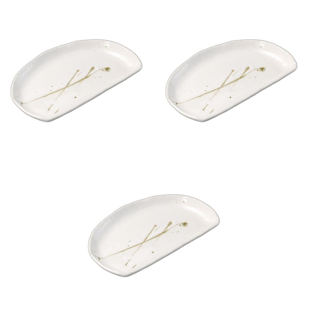 Set of 3 White Random Brush Pottery Plates x 13 x 2 Irregular Shape Ceramic Plates Setomonohonpo Half-Moon [22 cm]