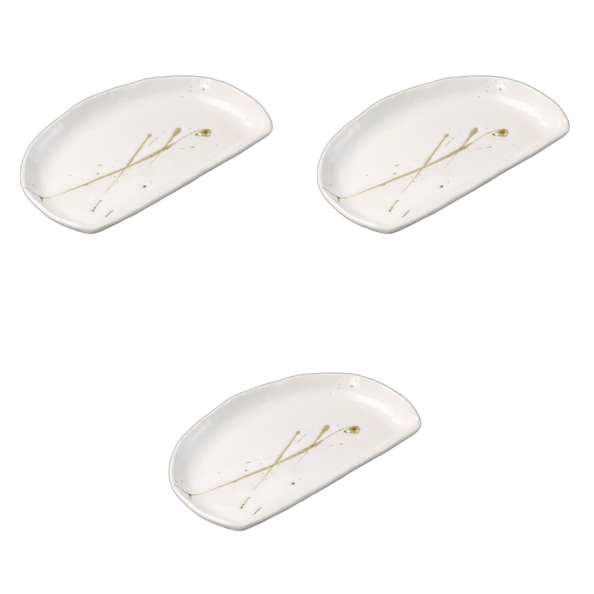 

Set of 3 White Random Brush Pottery Plates x 13 x 2 Irregular Shape Ceramic Plates Setomonohonpo Half-Moon [22 cm]
