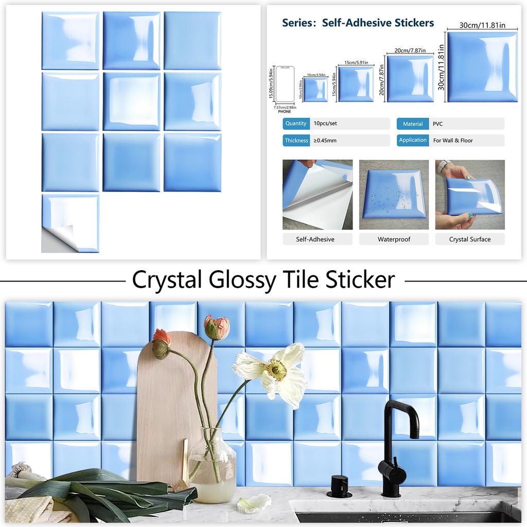 10Pcs Luxury Crystal Blue Wall Stickers Imitation Brick Bedroom Decoration Waterproof Self Adhesive Tile Wallpaper Kitchen Cupboard Decor