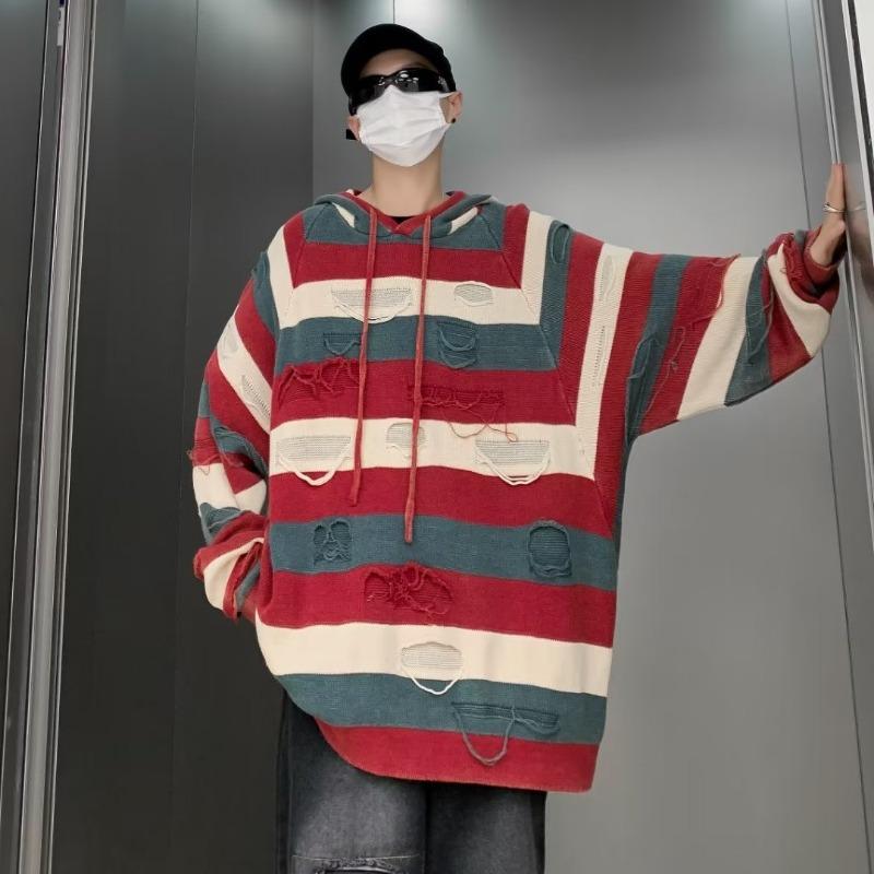Autumn new trend handsome pullover sweater hooded sweatshirt men's American retro design hole striped sweater