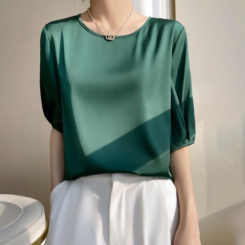Letní dámské tričko hedvábné s kulatým výstřihem, pětičtvrteční rukáv, temperament, morušové hedvábí, krátké rukávy, volné topy