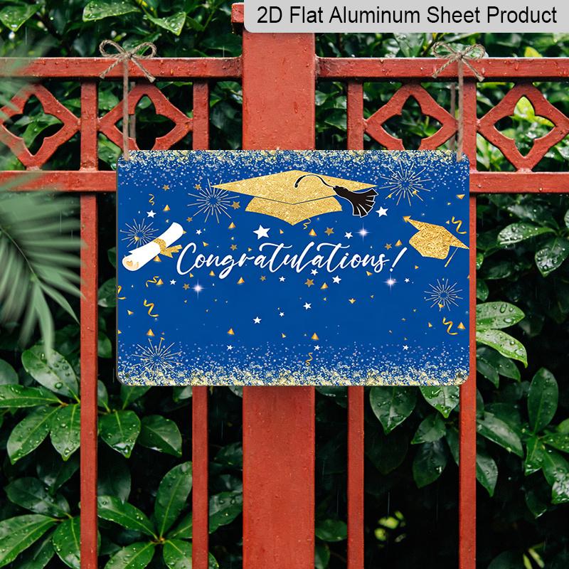 2D Flat, 1pc "Congratulations" Graduation Aluminium Sign 8x12 Inch - Royal Blue & Gold Glitter Grad Cap Design, Sparkling Star & Scroll Decor