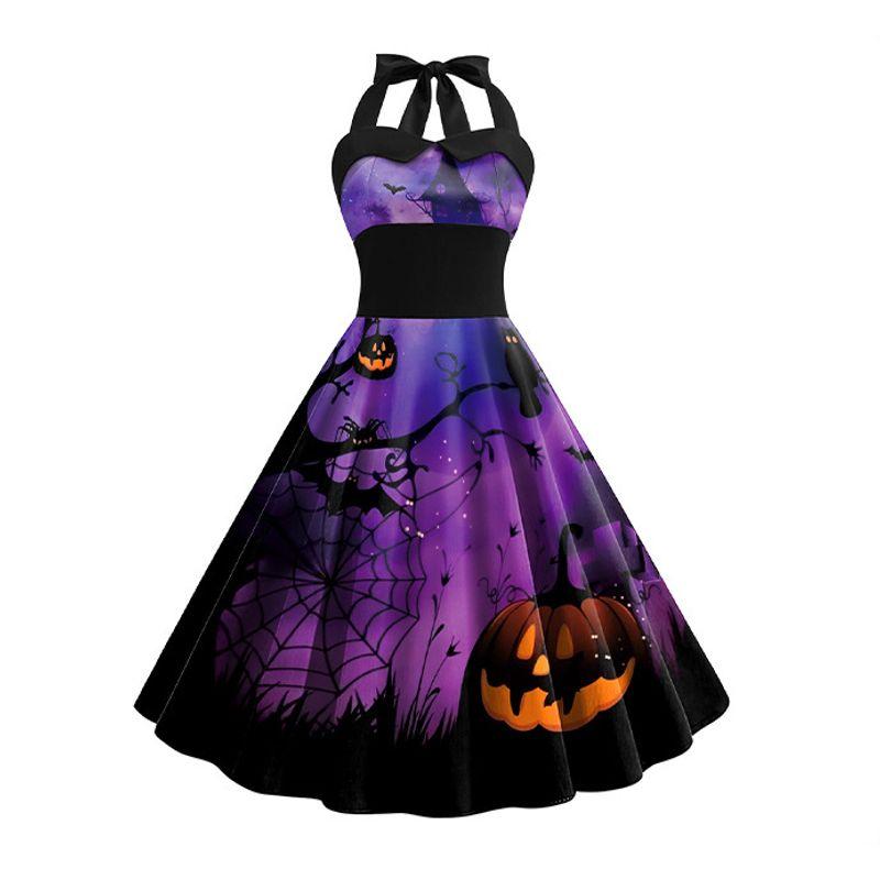 Fashion off-Neck Silm Halter Lace-up Back Elastic High Waist Halloween Pumpkin Bat Print Dress Female