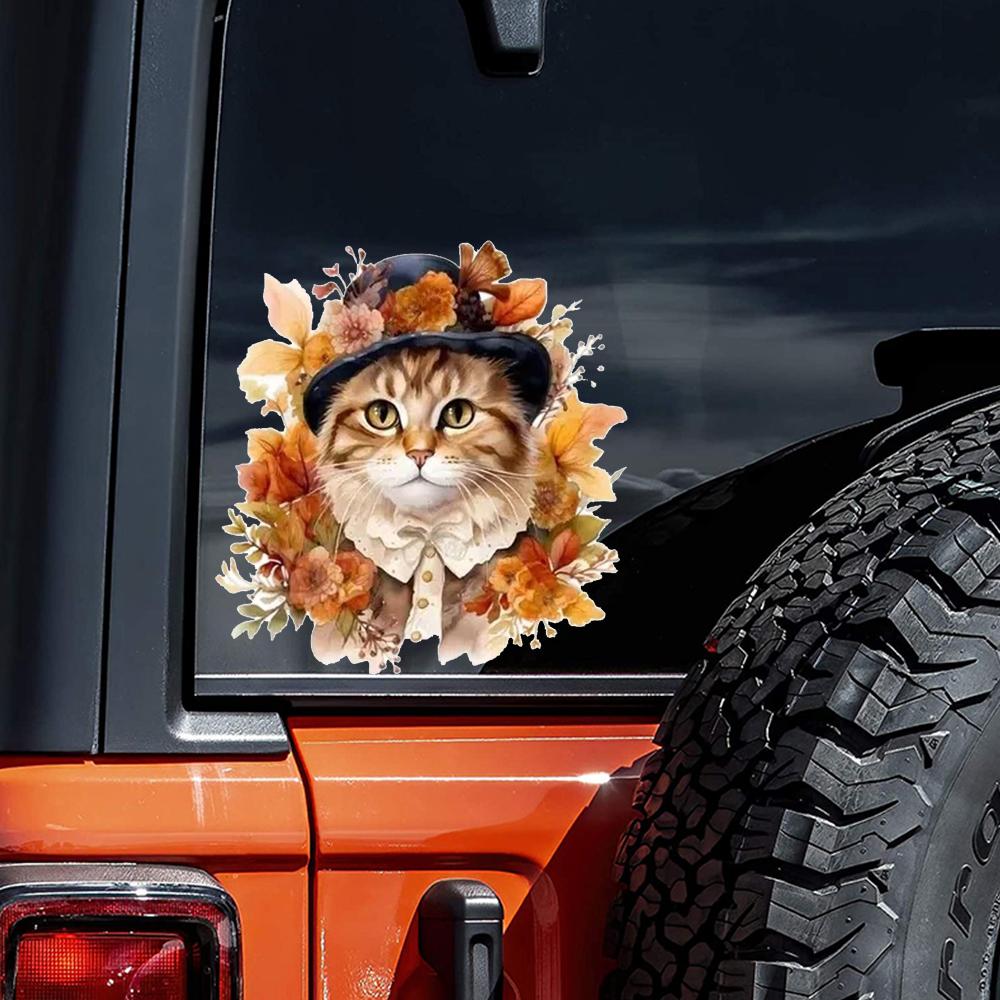 QT2185#15cm Adorable Cat In A Hat Surrounded by Flowers Car Sticker, Suitable for Laptop, Car, Truck, Van, SUV, Motorcycle, Bumper, Window