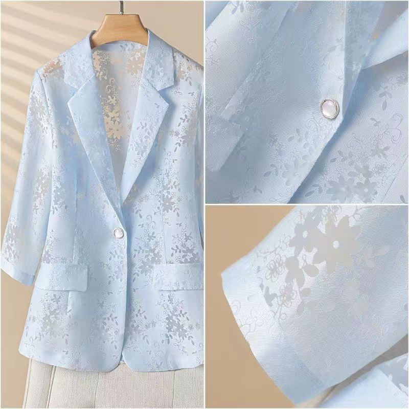 Summer Lace Blazer Thin Hollow Out Seven Sleeve Fashion Formal Office Women Jacket