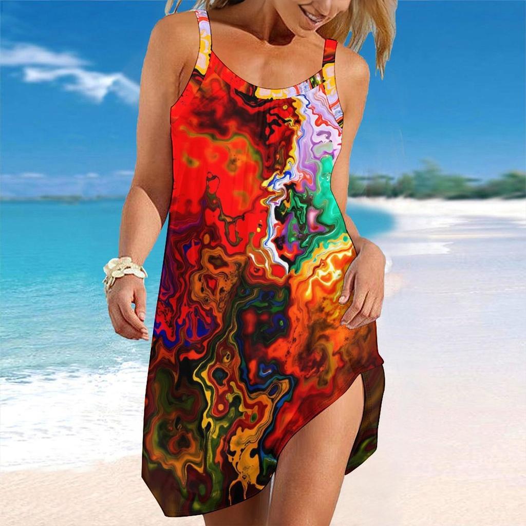 Robe de Plage pour Femme Mini Robe Imprimé Décontractée Moderne Robe Sans Manches Coupe Ample Extérieur Quotidien Été