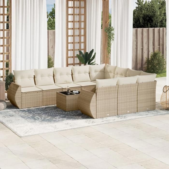 VidaXL Salon de Jardin avec Coussins 11 pcs, Canapés de Terrasse, Ensemble de Meubles de Patio, Mobilier d'Extérieur, Beige 3221897