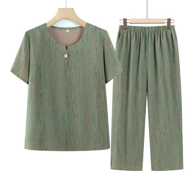 

Grandma Summer Short-Sleeved Two-Piece Set for Middle-Aged and Elderly Women M (recommended 80-95)
