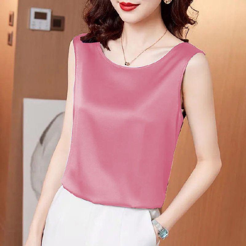 

2022 Summer New Style Camisole for Women, Loose-Fitting Korean-Style Satin Top, Round-Neck Vest, Niche Design Pink L