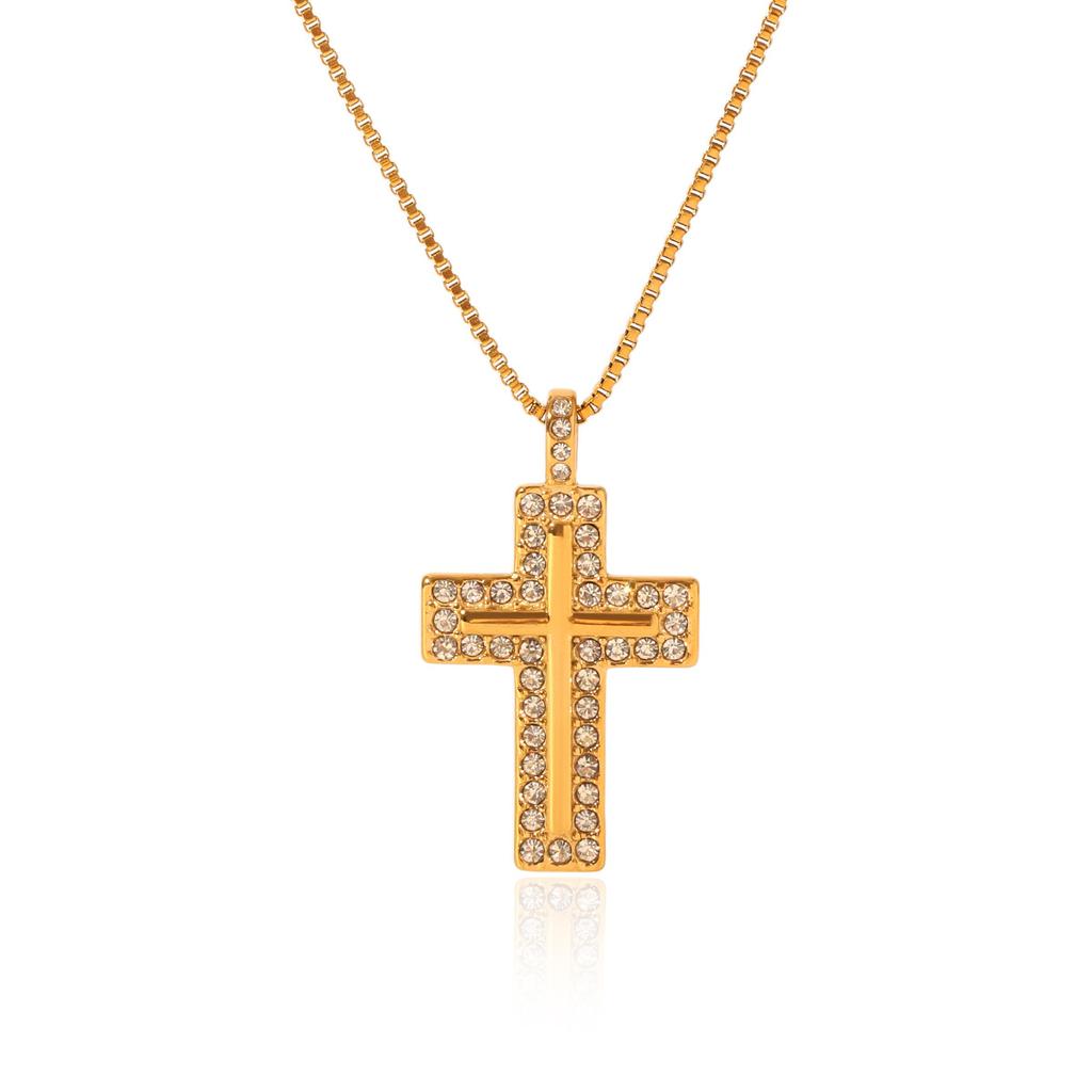 Gold Tone Titanium Steel Cross Pendant Necklace with Diamond Accents Non Tarnish Elegant Collarbone Chain