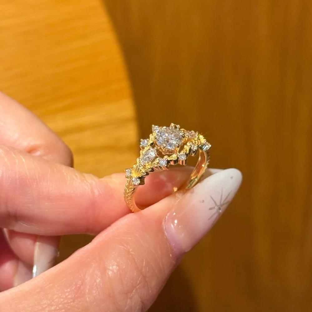 Vintage Gold Plated Open Ring with Leaf Vine Design and Zircon Stone for Women Elegant Minimalist Jewelry