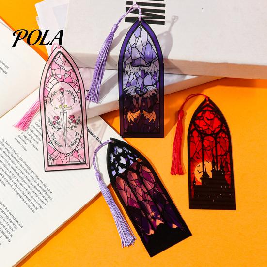 Decorative Book Accessory Stained Glass Art Acrylic Bookmark, Halloween Dark Aesthetic Mark, Transparent Bookmark Page Marker with Tassel, Gifts