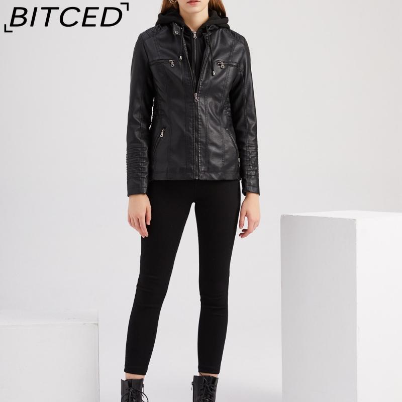 BITCED Hooded Leather Jacket Two-Piece Set with Detachable Lining Plus Size Leather Jacket for Women Spring/Autumn Outerwear