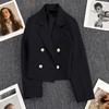 Spring Women Breasted Office Cropped Blazer Lapel Solid Color Long Sleeve Double Jacket Suit Coat