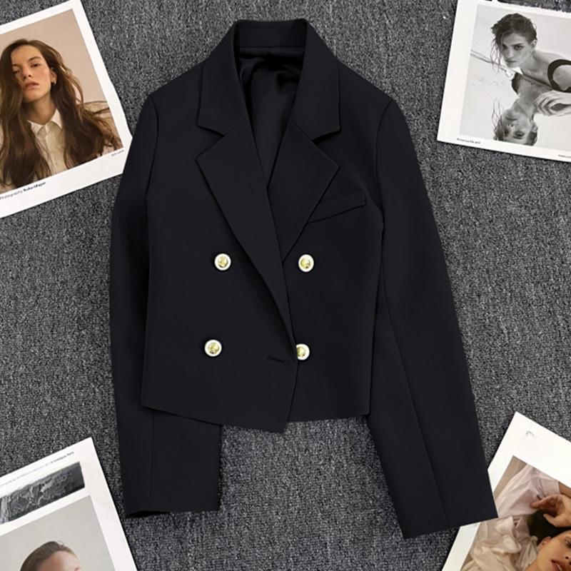 Spring Women Breasted Office Cropped Blazer Lapel Solid Color Long Sleeve Double Jacket Suit Coat