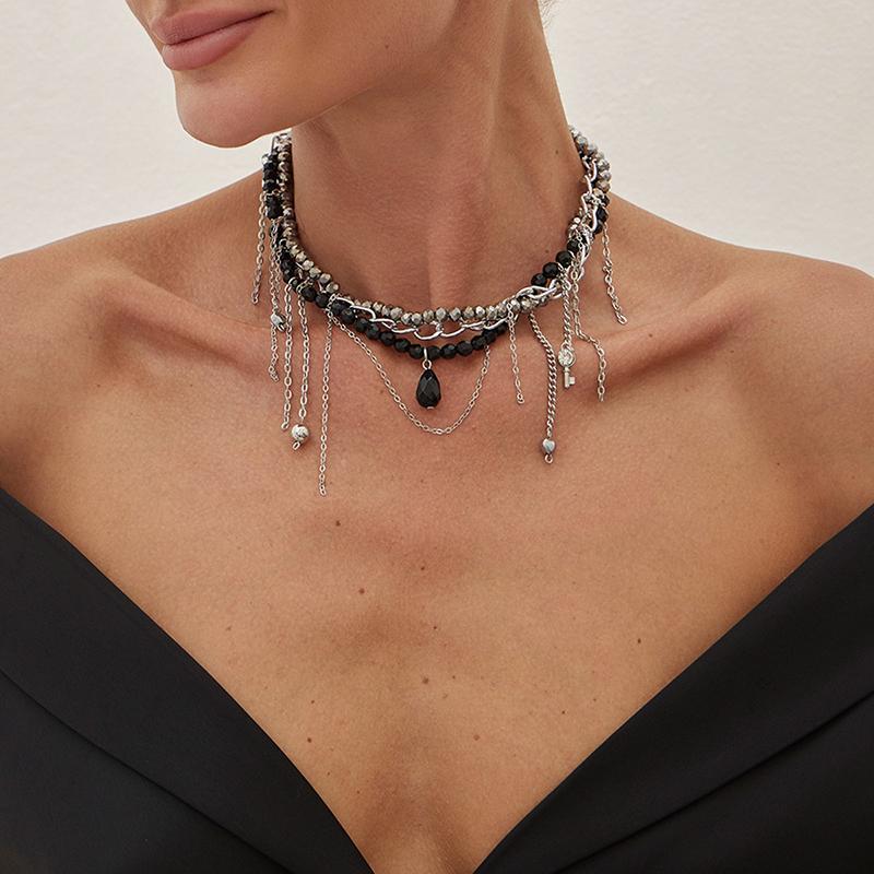 Collana Pendente Multi Strato con Nappa a Perla Rotonda a Forma di Cuore e Goccia d'Acqua Retro Gioielli per Ragazza Neri