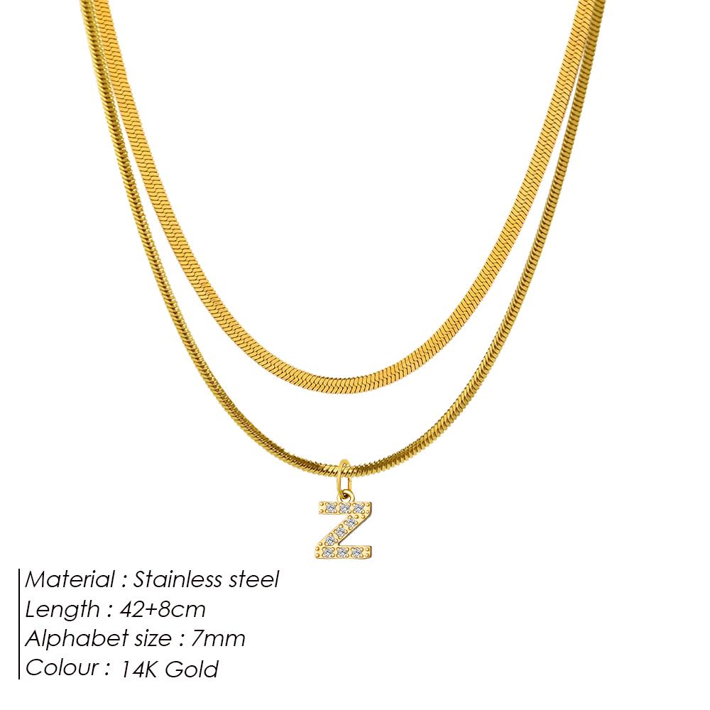 

eManco Gold Plated Herringbone Snake Chain Double Zirconia Letter Pendant Necklace Stainless Steel Jewelry 48 Hour Shipping Gold Color&42 Extend 8CM