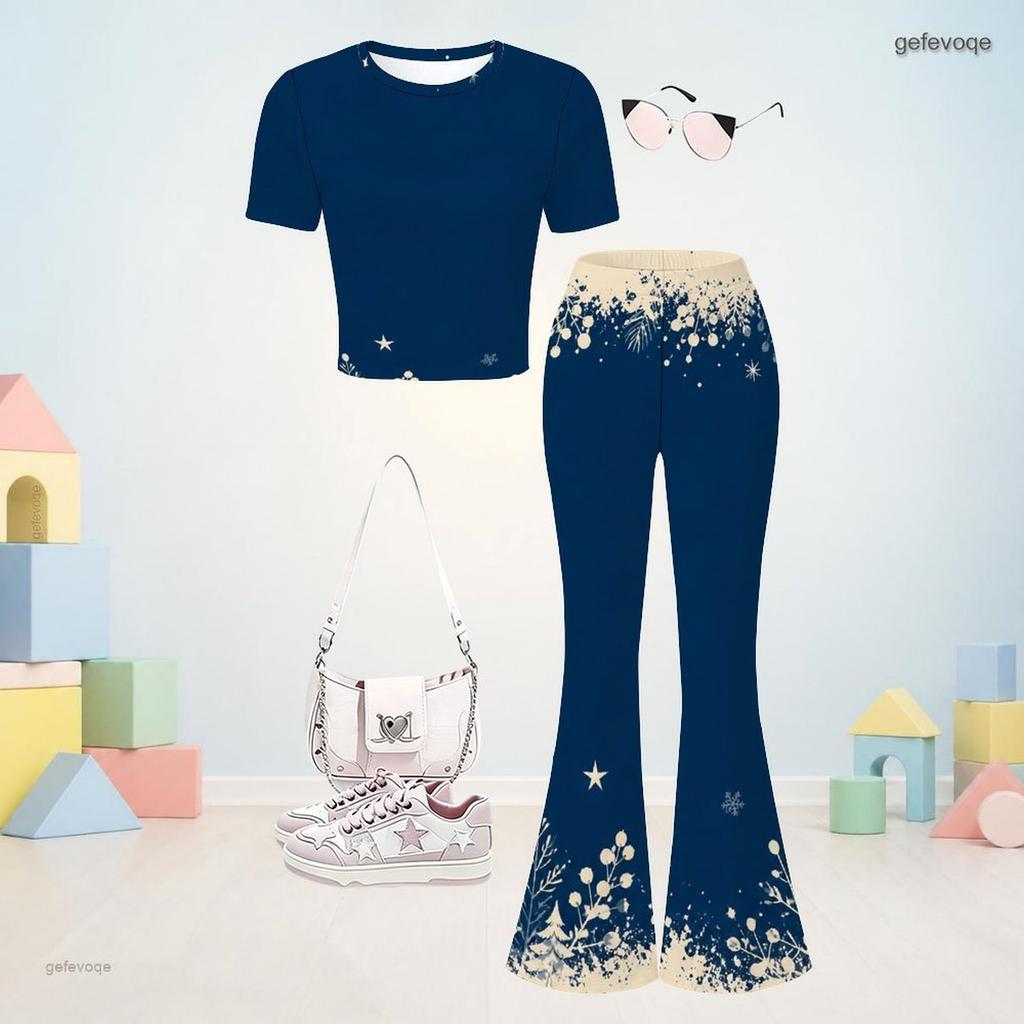 Girls Navy Blue Round Neck Short Sleeve Printed Top Flared Pants Two Piece Set