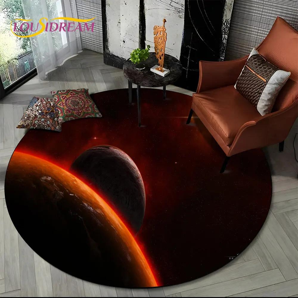 Earth Space Fixed Stars Galaxy Round Area Rug,Carpet for Living Room Children's Bedroom Sofa Playroom Decor,Non-slip Floor Mat