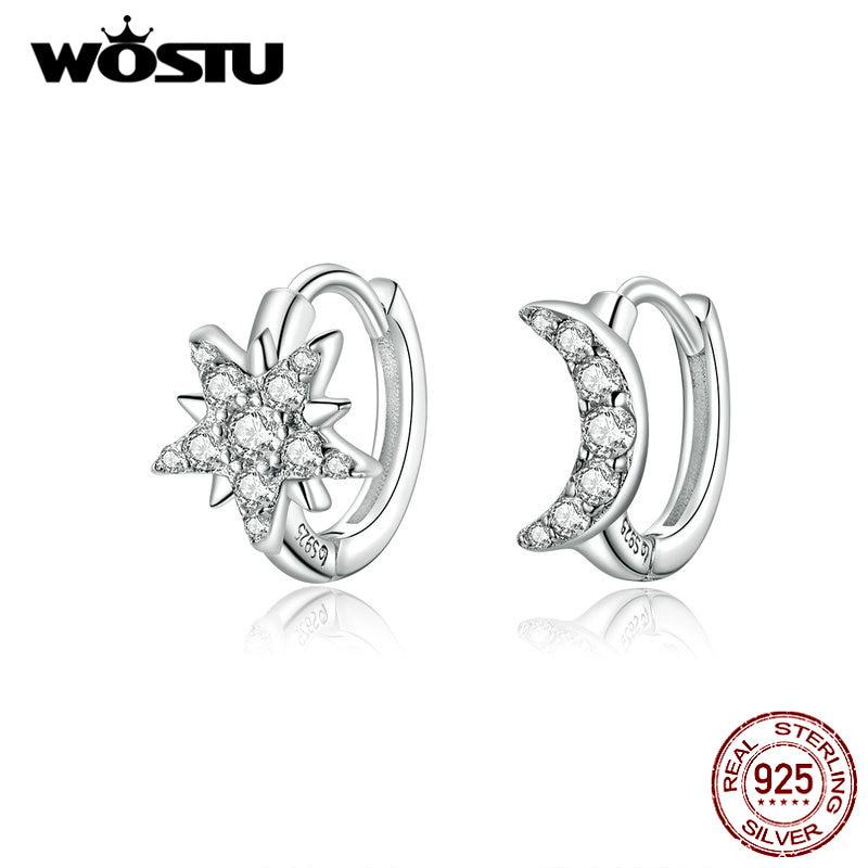WOSTU Authentic 925 Sterling Silver Moon & Star Earrings Classic Zircon Smart Earrings For Women